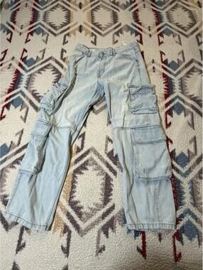 Zara Cargo Jeans Men's 34 Light Blue Denim Extra Pockets Baggy Distressed Grunge